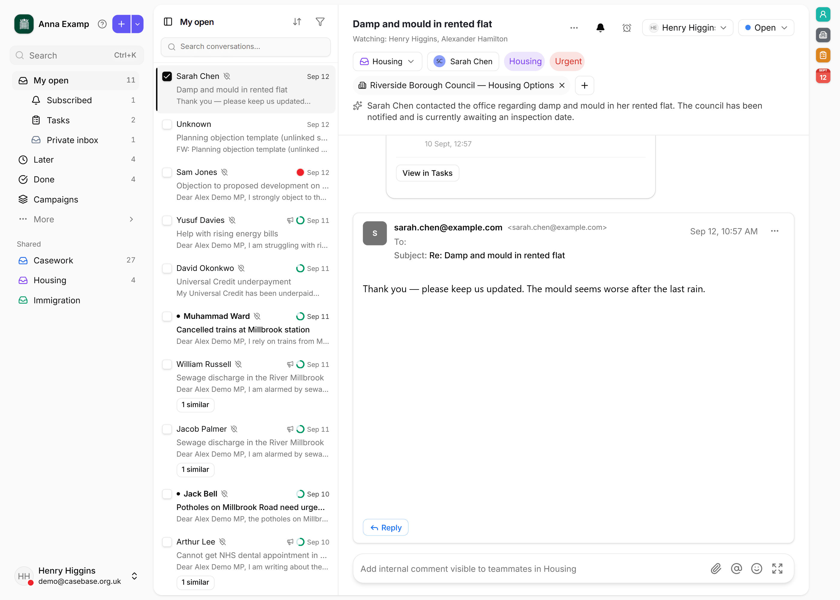 Shared inbox with a housing damp case open, conversation list and folders