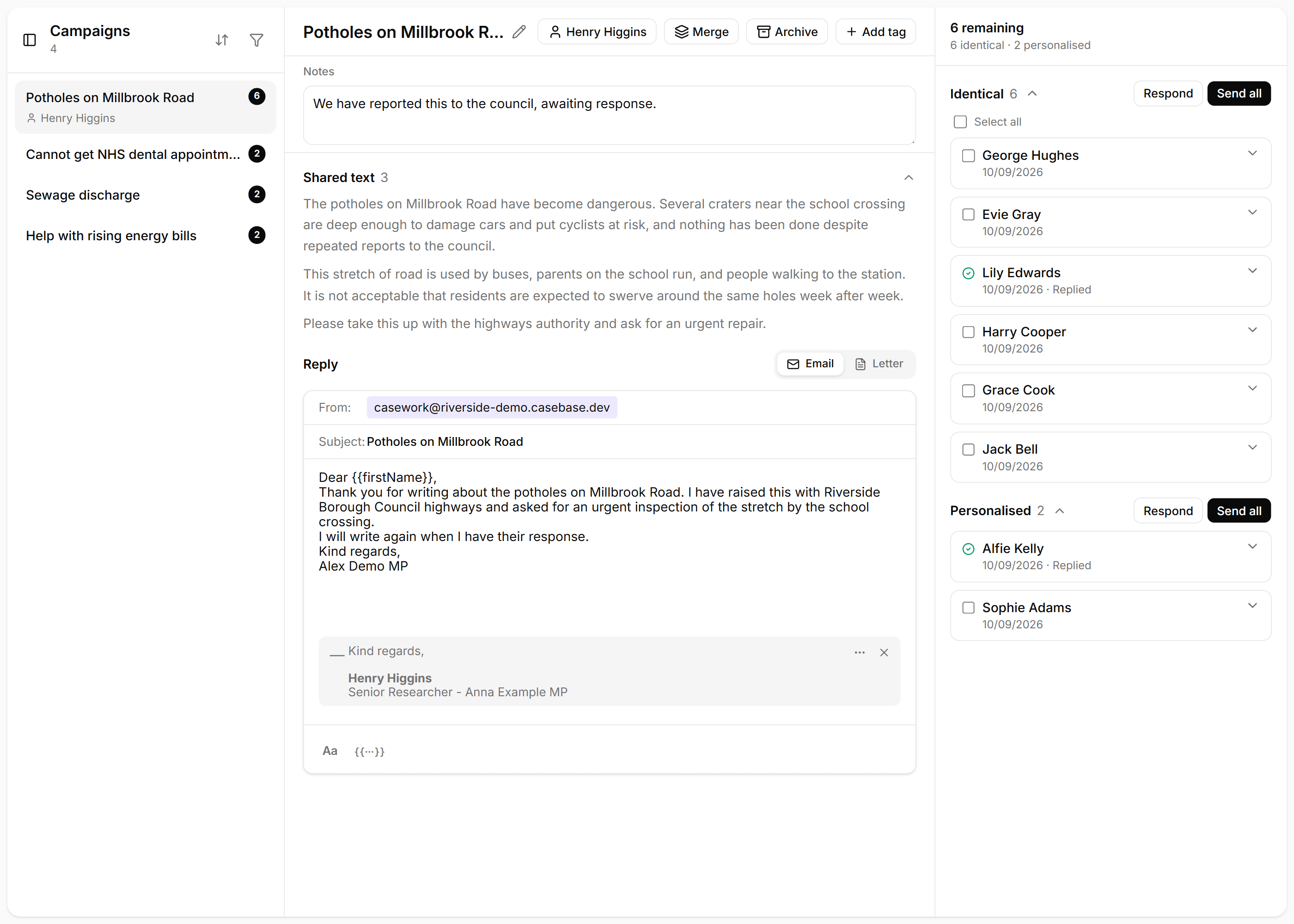 Campaign reply screen grouping identical pothole emails with a shared draft and send all