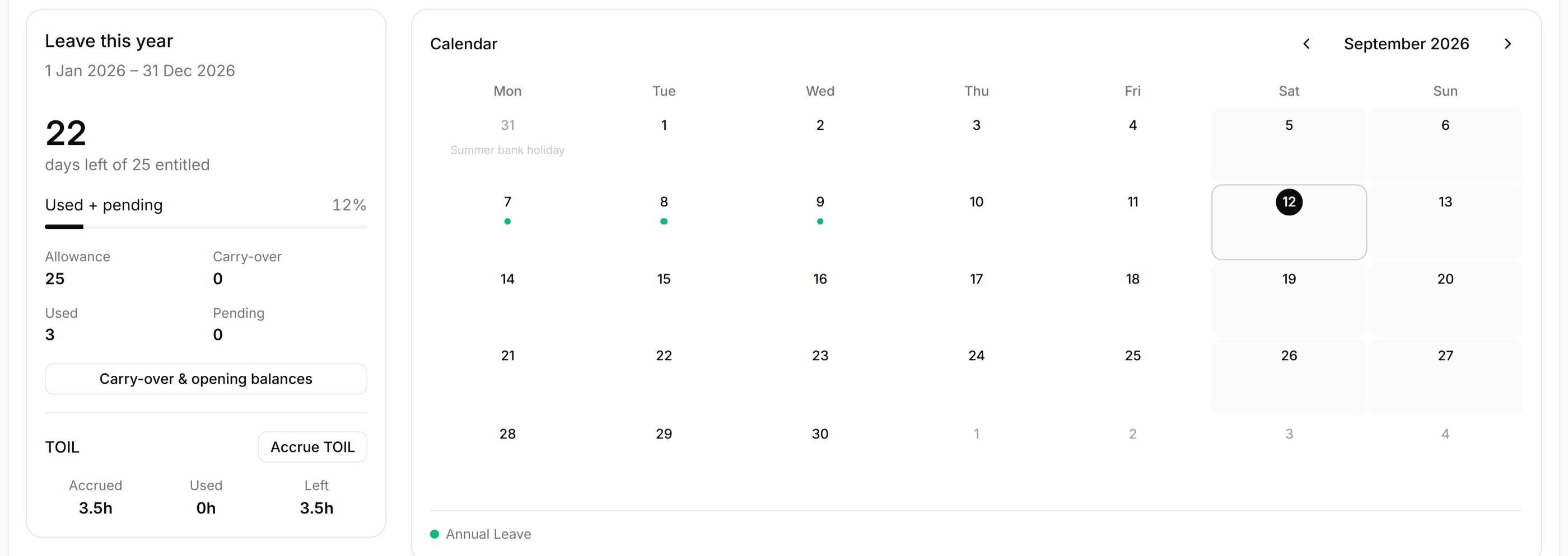 Personal leave calendar with days remaining, allowance, carry-over and TOIL