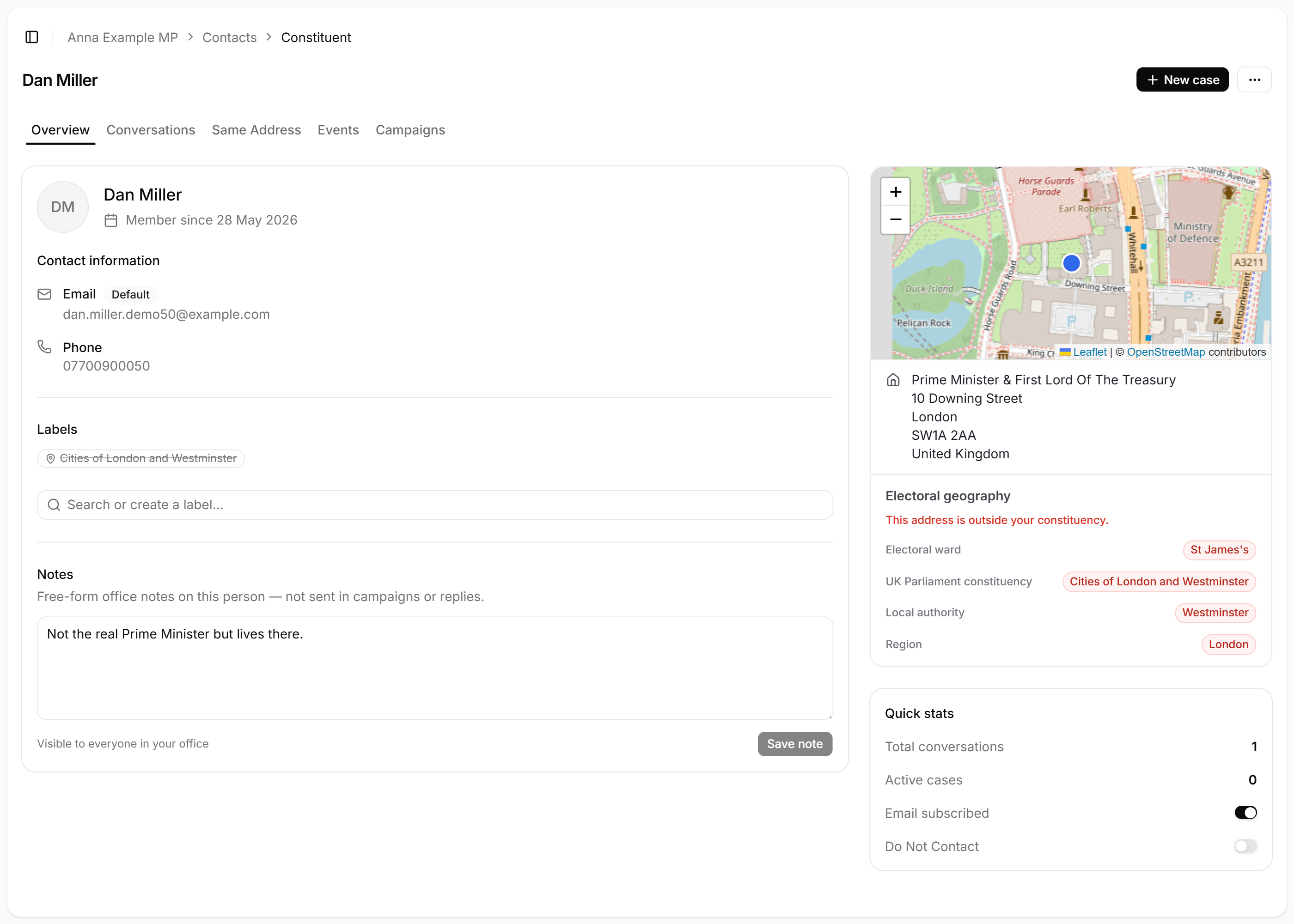 Constituent record with contact details, notes, map and electoral geography